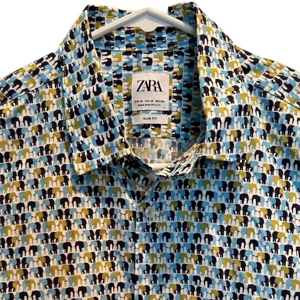 Zara Button Shirt Medium Mens Multicolor Elephant Print Slim Fit Short Sleeve